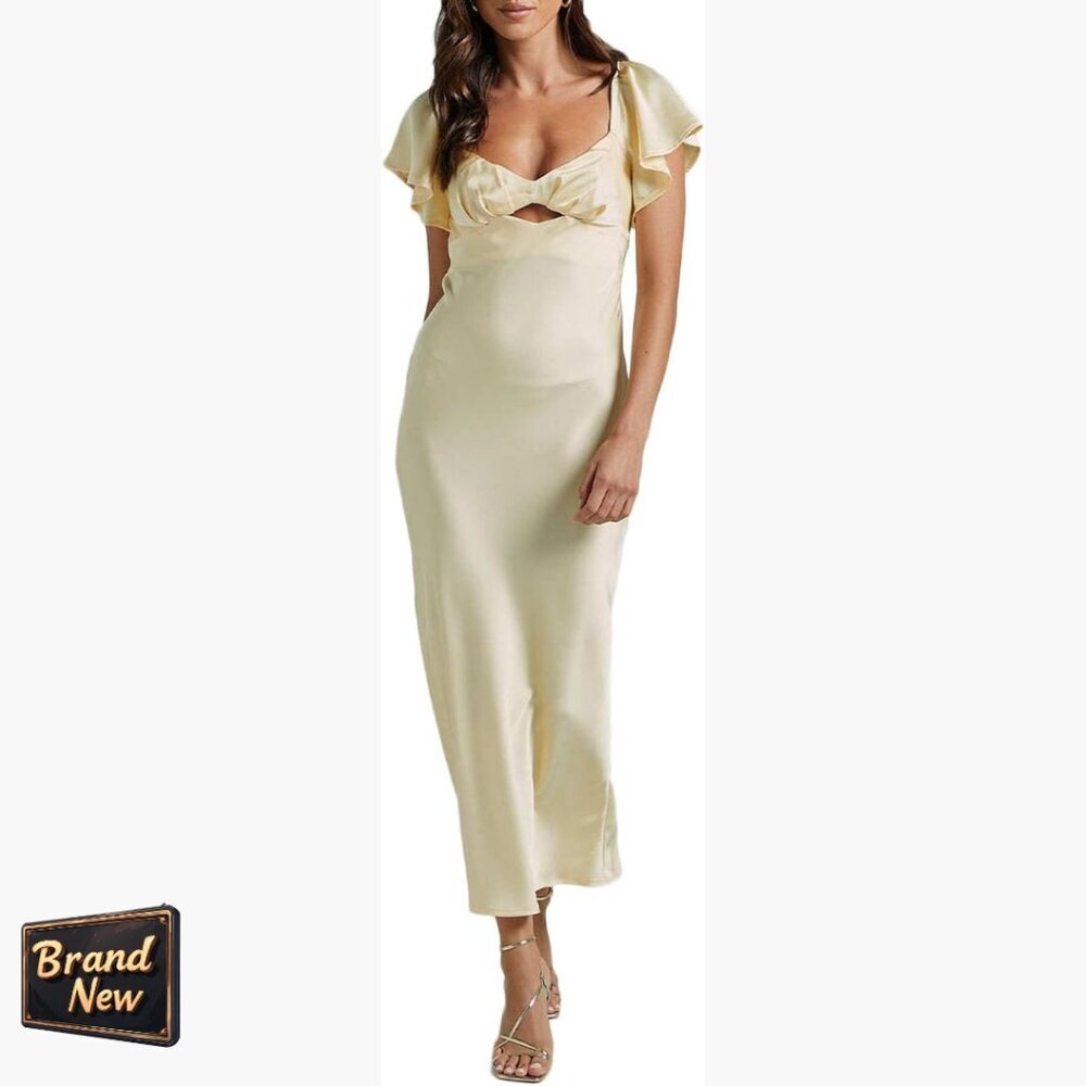Satin Midi Dress Sweetheart Neckline Flutter Sleeves Tie Back Cocktail Wedding